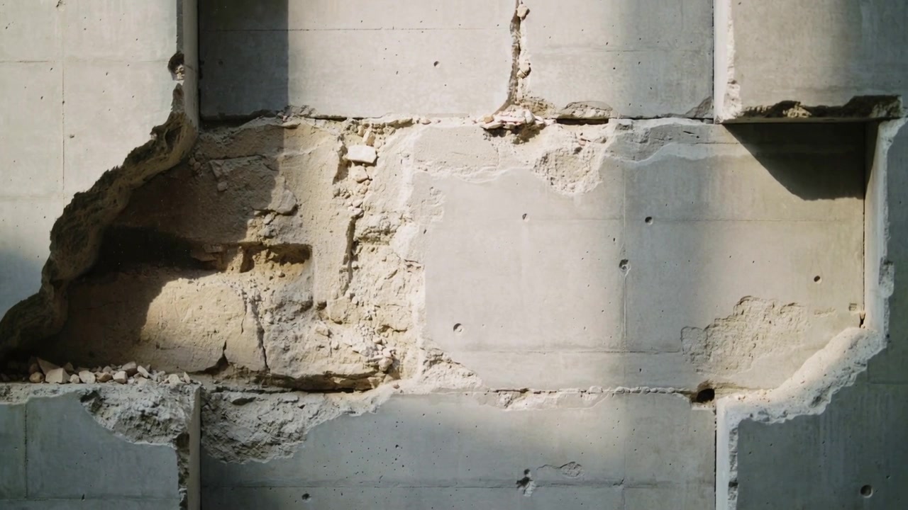 Luce solare mutevole proietta una fascia d'ombra su blocchi incassati all'interno di una struttura grezza, rivelando l'aggregato.