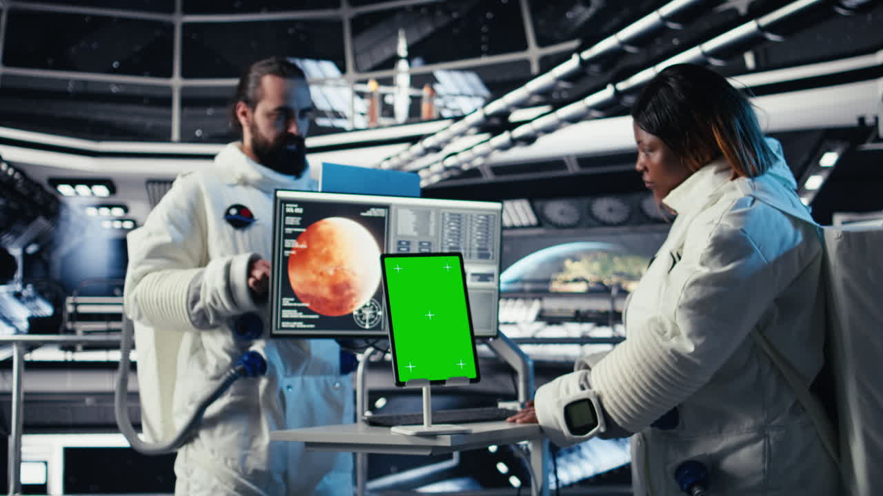 Astronauts reviewing onboard analytics on isolated screen tablet