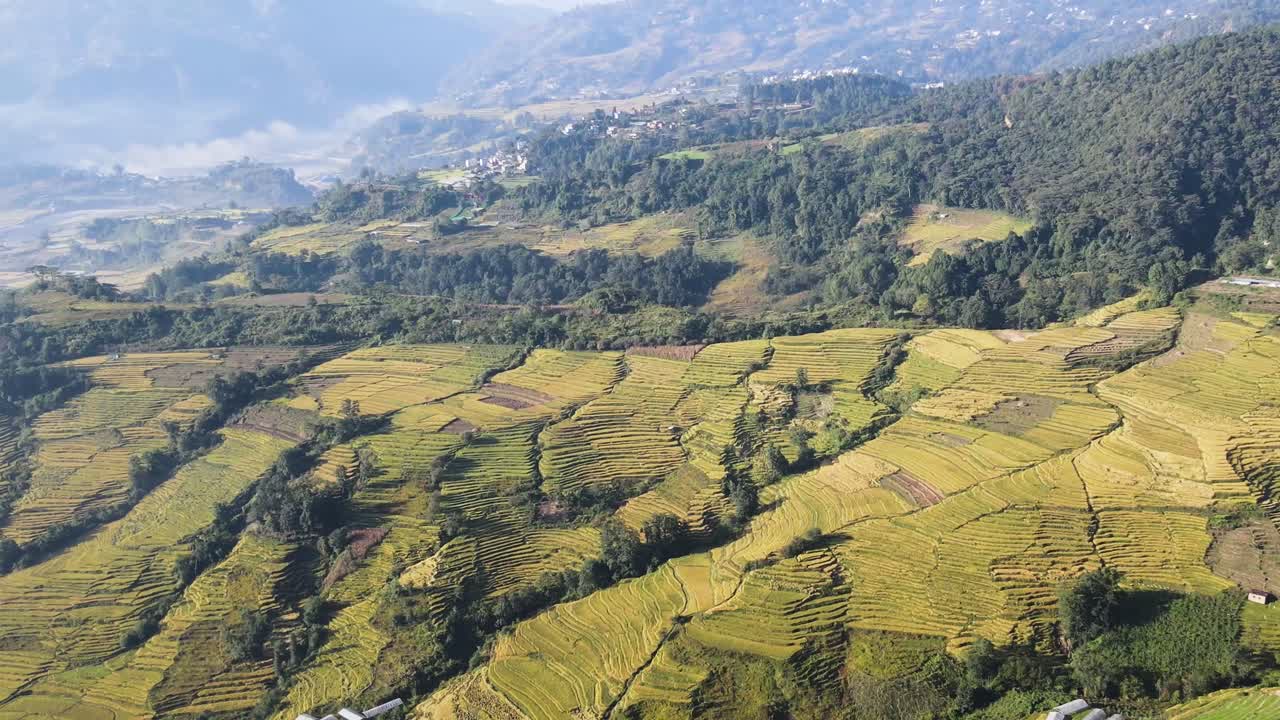 The aerial view shows terrace paddy farmland in Kathmandu, Nepal