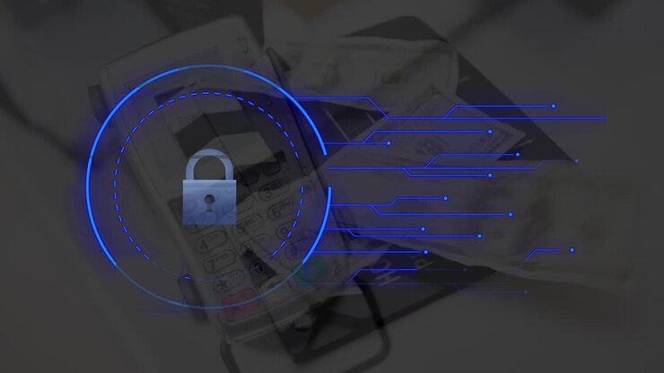 Animation of hud elements with lock over credit card reader with currency notes and film slate