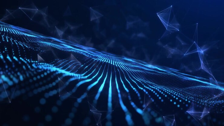 Onda digitale astratta di particelle blu luminose e connessioni di rete