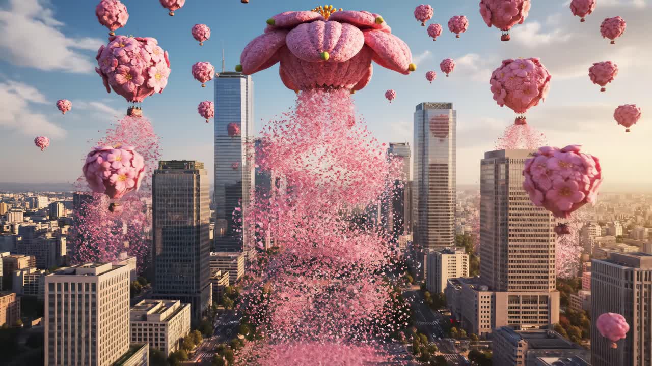 Flower hot air balloons over a cityscape