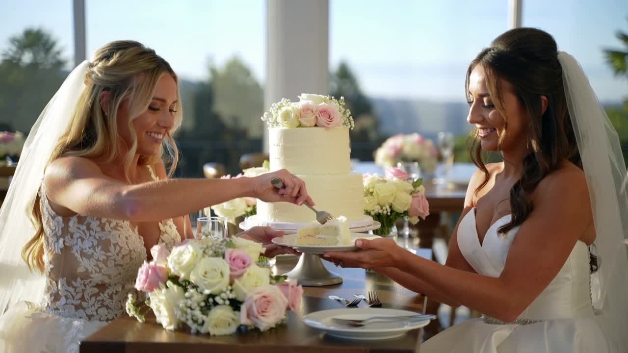 Left veiled bride reaching cutting tiered cake at wedding passing slice on right bride's plate