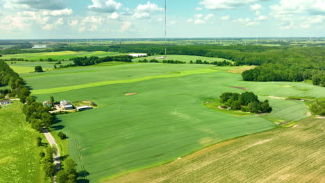 aerial view of a farmhouse surrounded by expansive green fields and trees under a partly cloudy sky