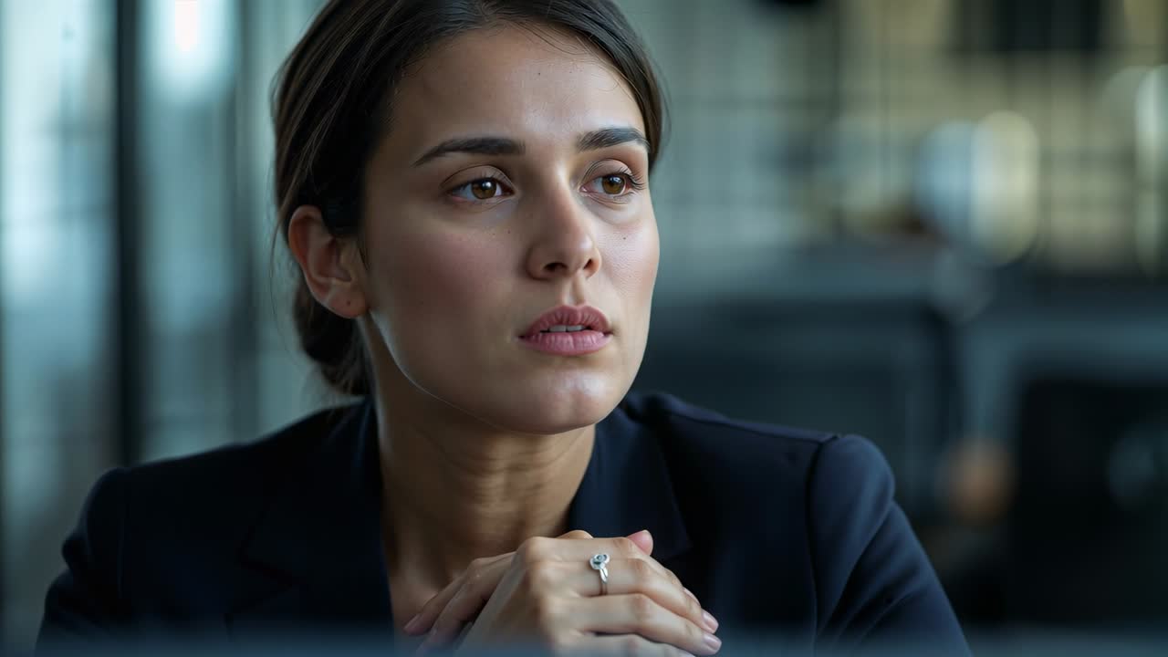 Hearing offframe noise, woman in blazer lifting head and clasping ringed hands at desk, screen seen