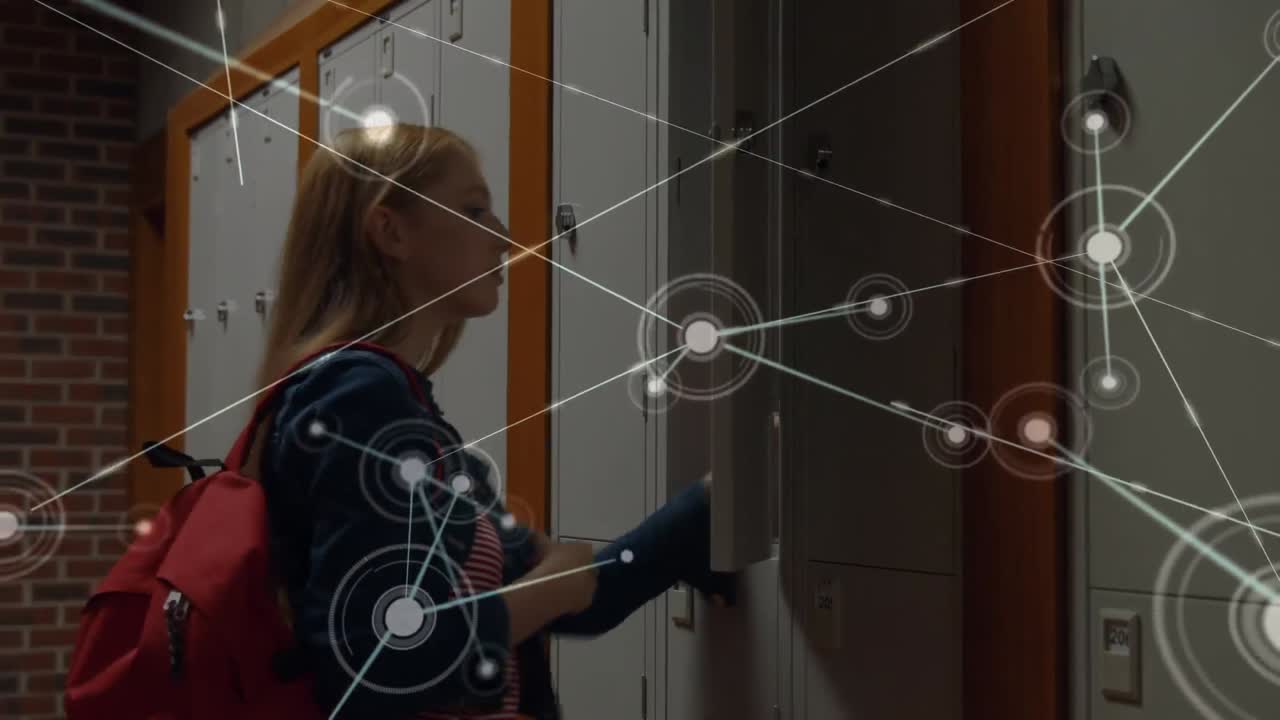 Network of connections against caucasian girl opening her locker and taking her stuff at college