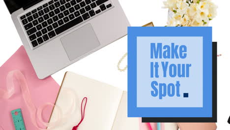 animation of make it your spot text on memo note over laptop and office items on white background
