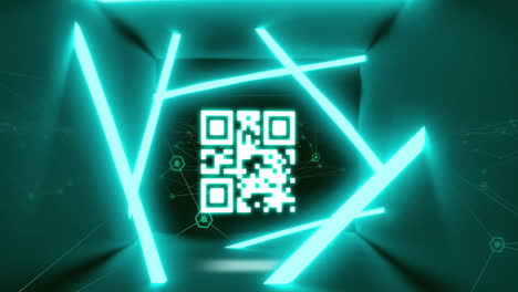 Animation of qr code glowing with blue neon stripes over blue background