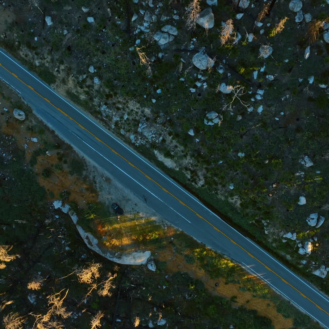 Two-lane highway with a car riding on. Dry pine trees and boulders from aerial view. Sierra National Forest, California