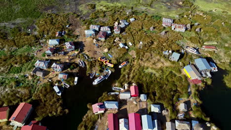 panoramic high angle overview of uros island floating homes on lake titicaca with boats