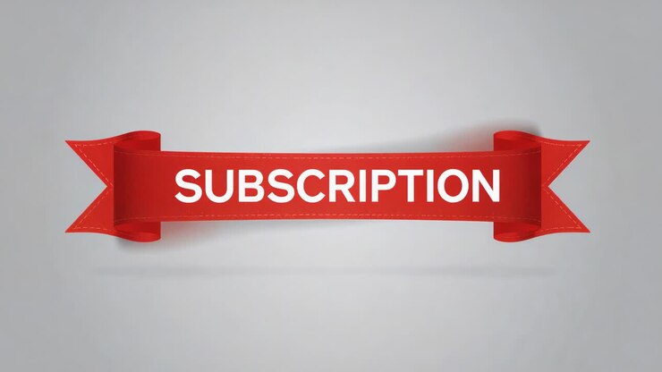 Playing red ribbon banner expanding on gray backdrop, promoting SUBSCRIPTION text with shadow
