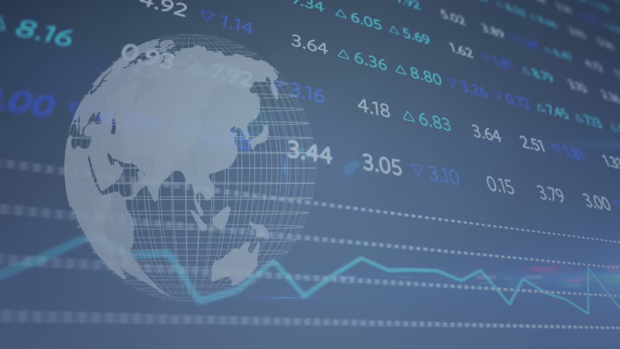 Animation of rotating globe with lens flares over trading board over abstract background