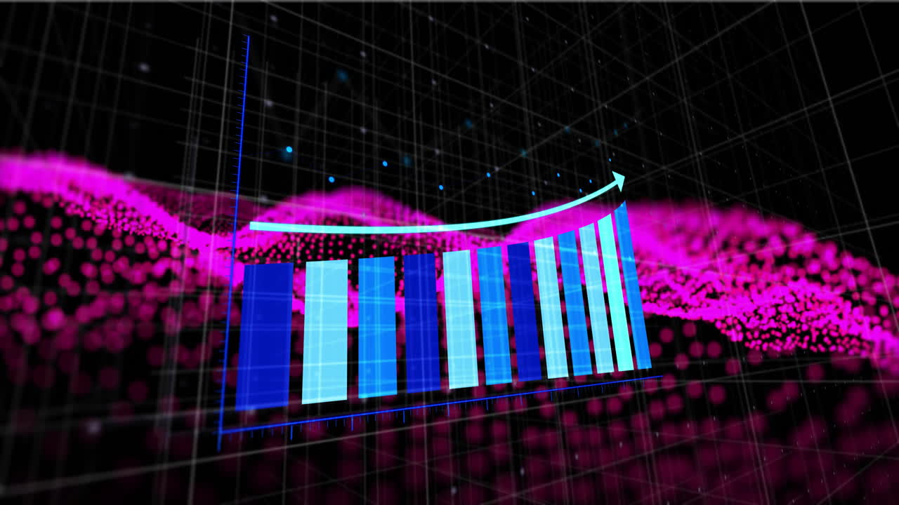 Animation of bar graph showing upward trend over digital grid in pink theme