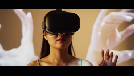 a woman engaged in a virtual reality experience with projected hands illustrating interaction and immersion in a digital world of technology