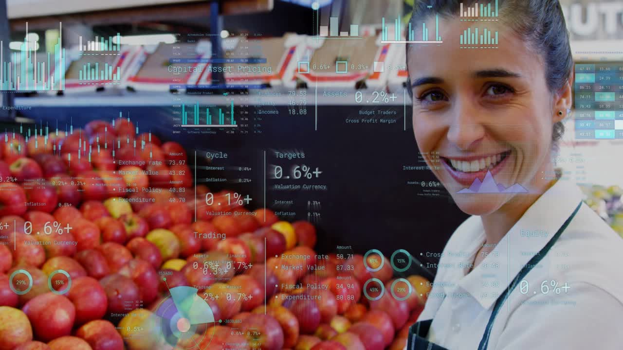 Woman produce clerk reacting to retail update, prepping apples, turning and smiling as HUD shifting