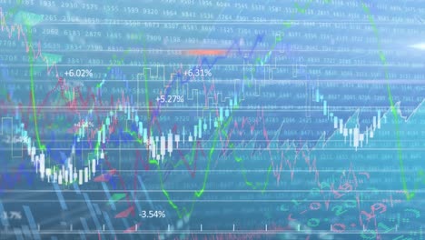 Animation-of-stock-market-display-with-stock-market-numbers-and-graphs-on-blue-background.