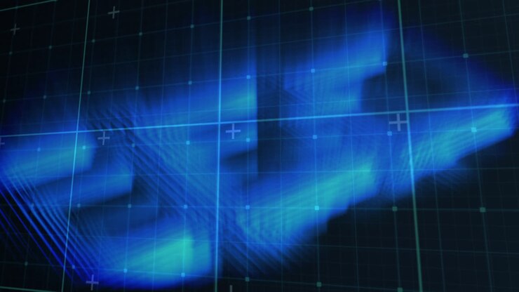 Animation of glowing blue shape over grid and squares