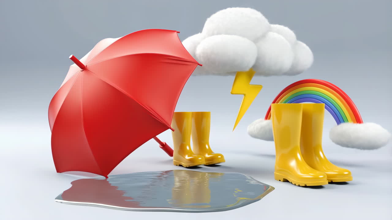 A whimsical scene depicting rainy weather with a red umbrella, yellow rain boots, a stormy cloud with lightning, and a rainbow