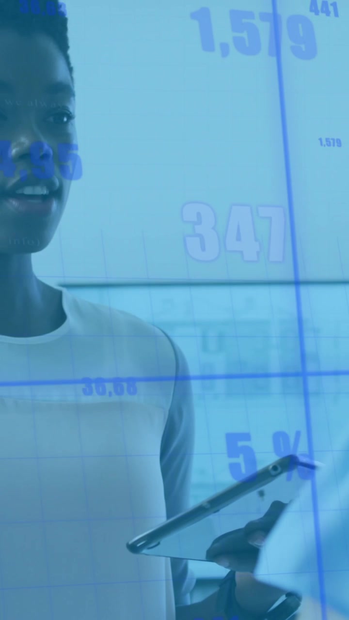 Animation of financial data processing over business people in office