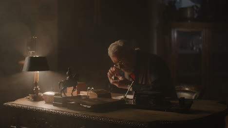 older passionate man evaluates an old silver skull watch in his office at night