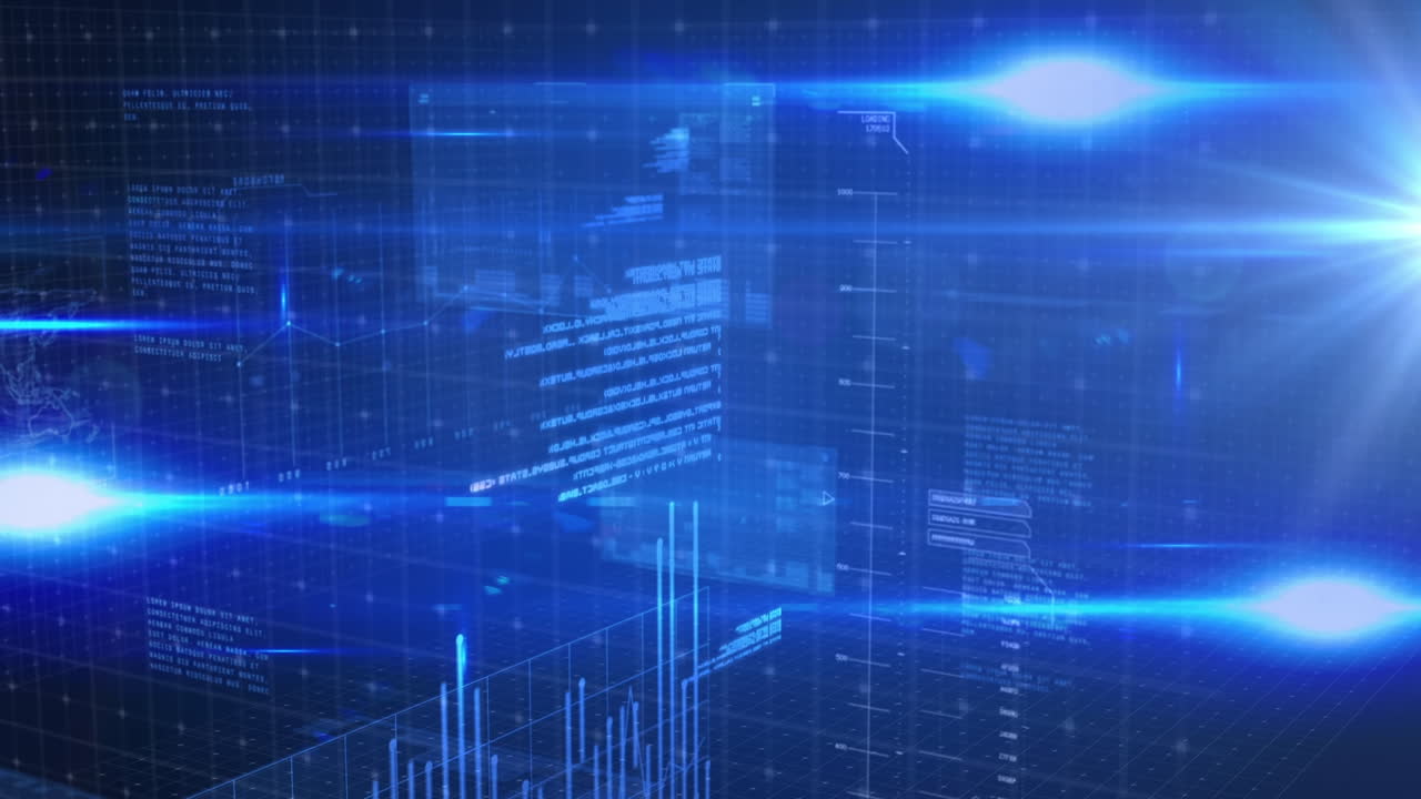 파란색 배경 위의 디지털 데이터 처리의 애니메이션