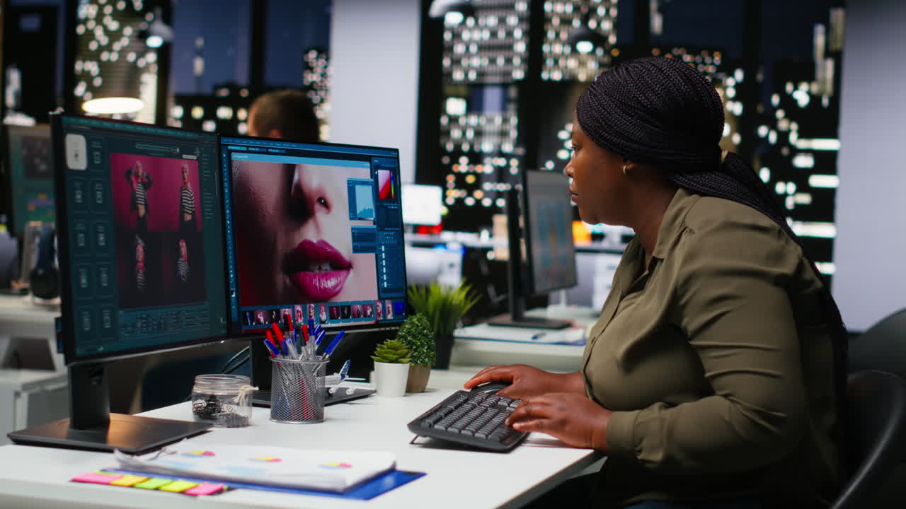 African american photographer using photo editing for digital design