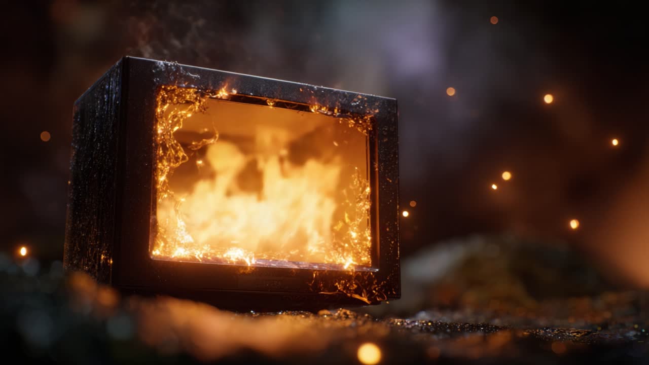 Un'immagine ipnotica di un televisore in fiamme, avvolto dalle fiamme, che illumina un ambiente scuro e misterioso con scintille e fumo che si alzano dal nucleo infuocato