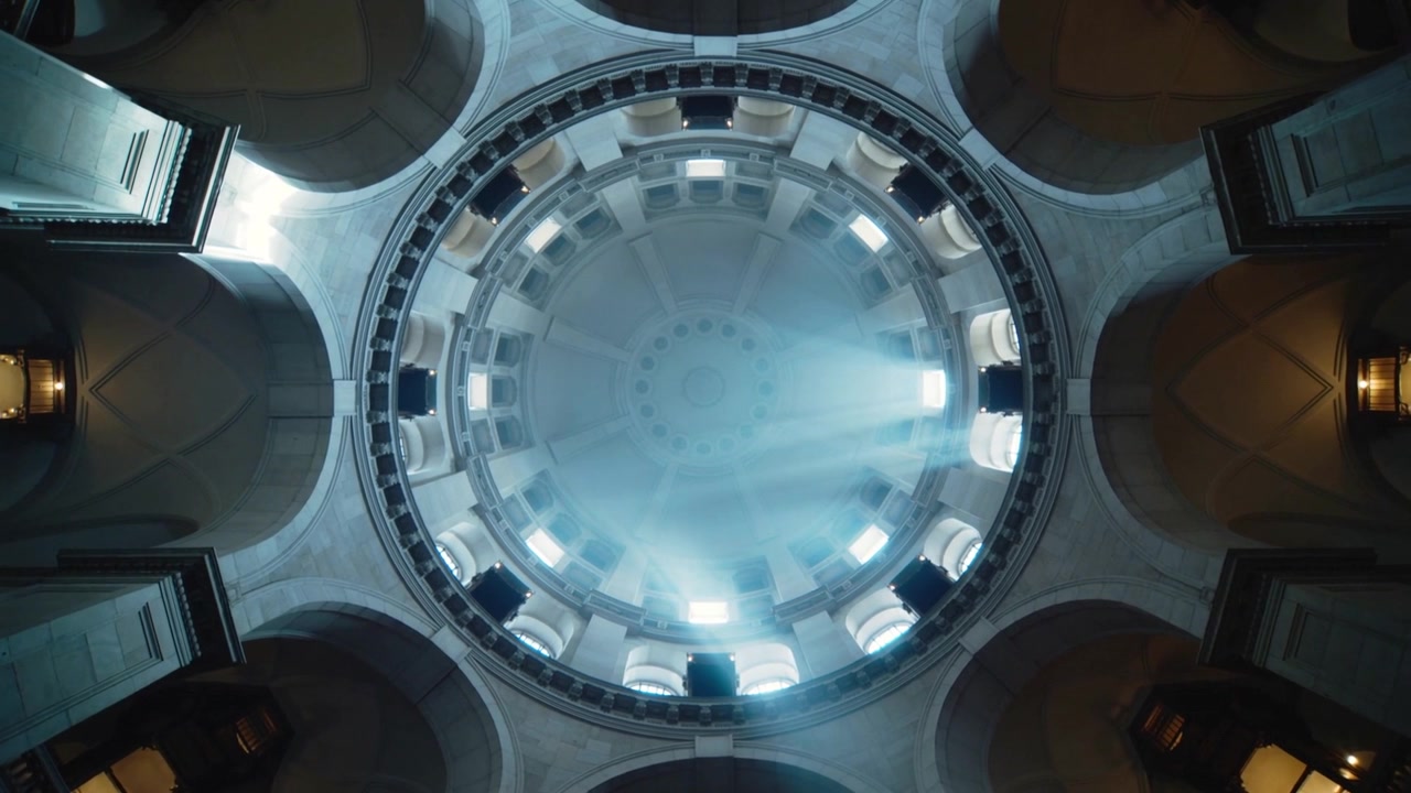 Entering light shaft lighting central stone dome via clerestory, highlighting rings, dust, lanterns