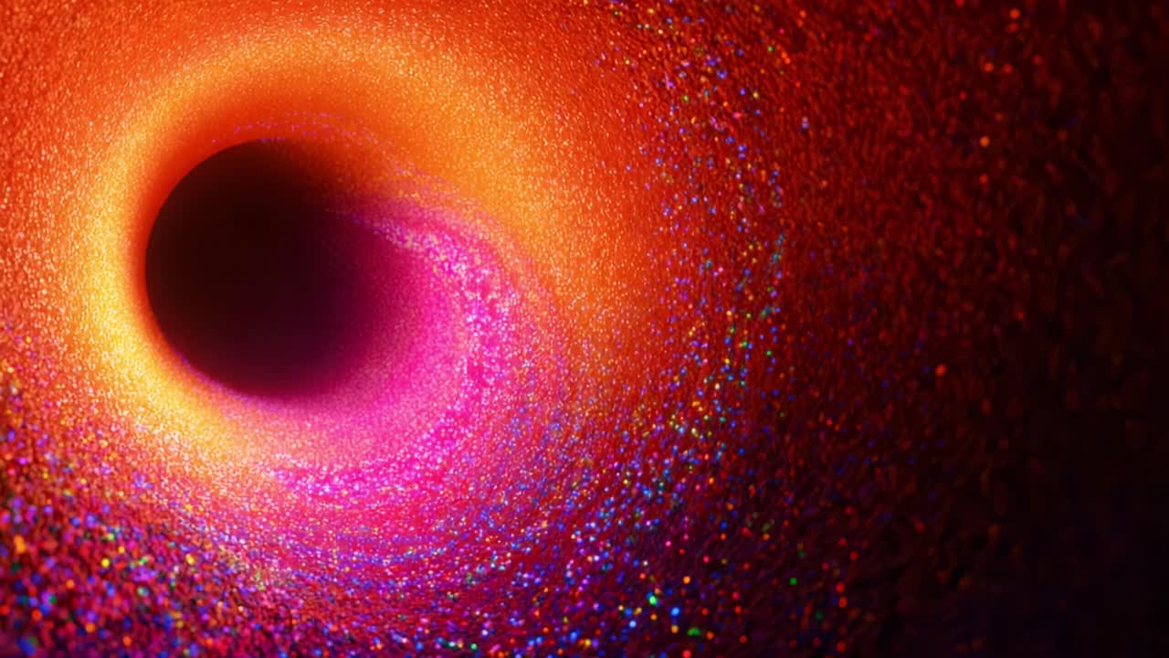An Enigmatic Journey Through a Colorful Vortex: Explore the Twirling Depths of a Vibrant Abstract Tunnel Illuminated by a Spectrum of Reflective Particles and Light