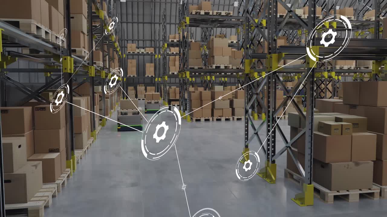 animación de la red de conexiones con iconos sobre el almacén