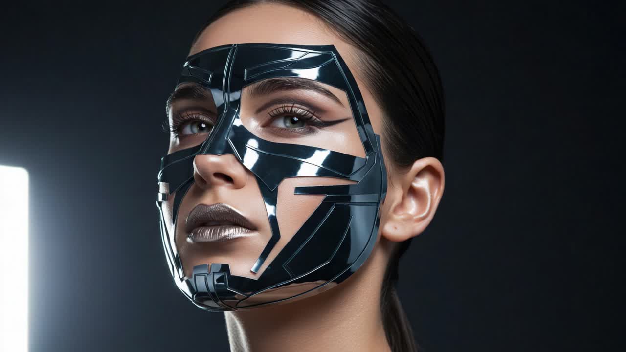 Exploring Futuristic Aesthetics: A Stunning Close-Up of a Model Wearing a Reflective, High-Tech Facial Mask against a Dark Background, Merging Fashion and Technology