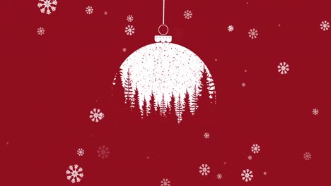 Snowflakes-falling-over-winter-landscape-on-christmas-bauble-hanging-against-red-background