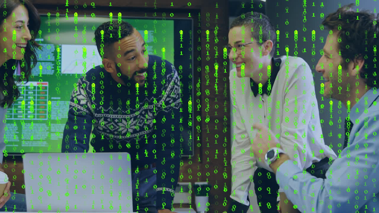 Technology team analyzing chart visuals in modern office, with cascading green binary overlay