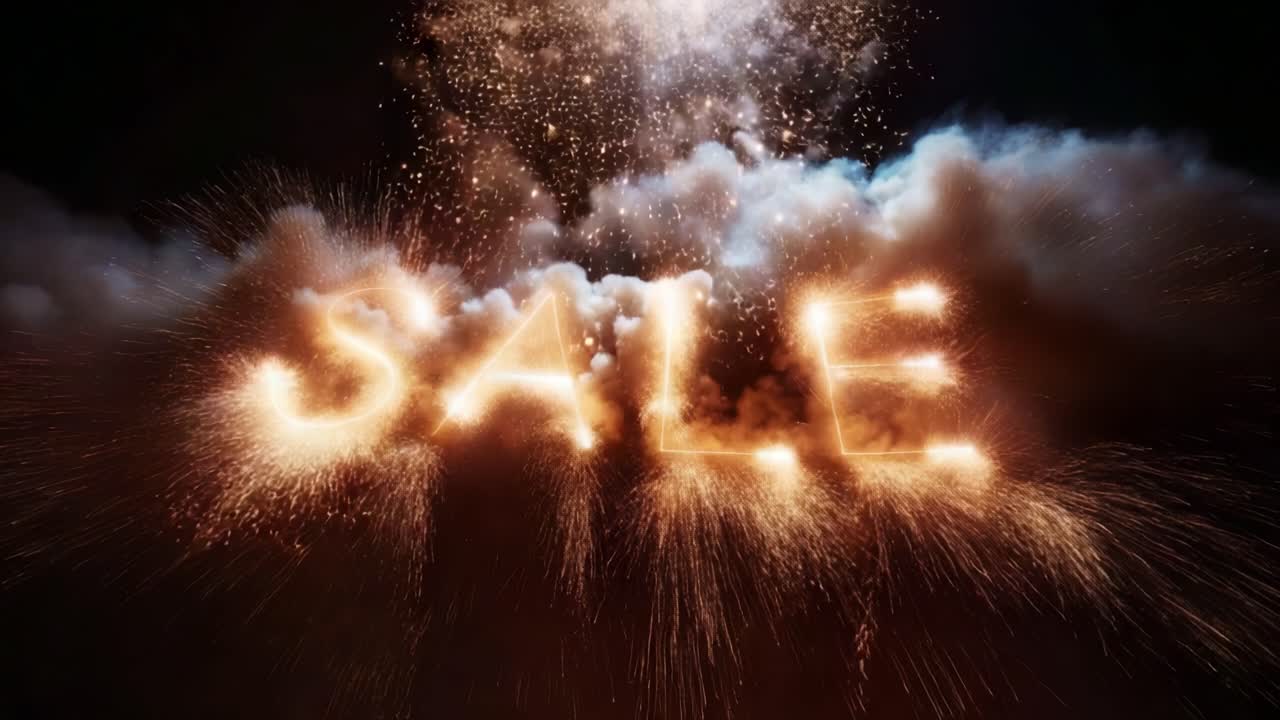 Illuminate Your Savings: A Captivating Display of Fireworks Spell Out 'SALE' Against a Dramatic Background of Exploding Colors and Radiant Sparks