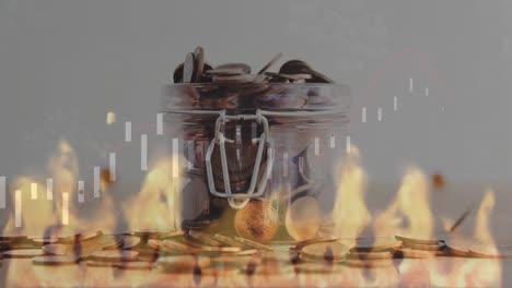animación del procesamiento de datos financieros sobre múltiples monedas que caen