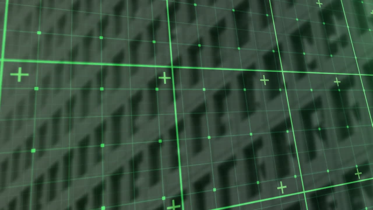Animation of green grid lines overlaying digital interface on building facade