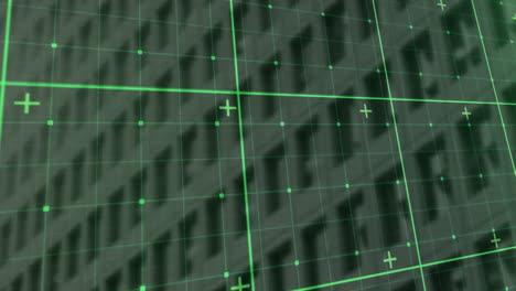 animation of green grid lines overlaying digital interface on building facade