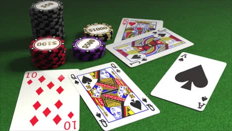 cards dealt onto a poker table with piles of gambling chips - poker hands - strong hand - straight - ten, jack, queen, king, ace