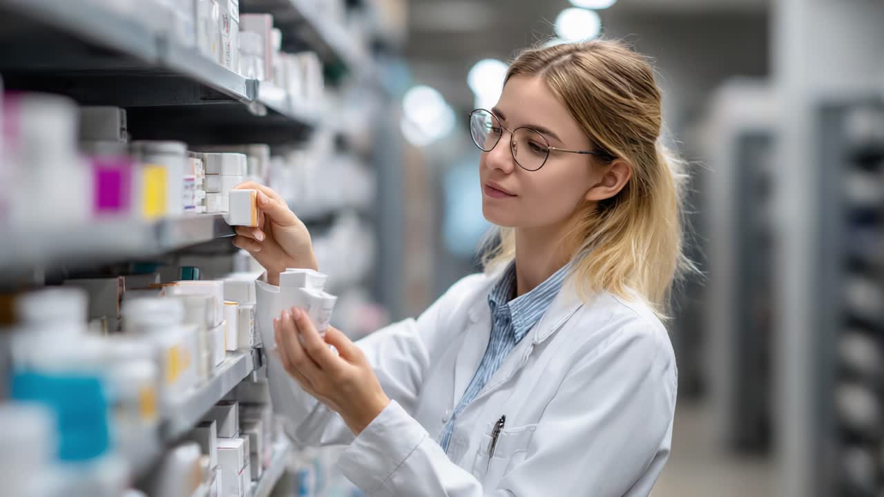 A diligent pharmacist organizes medication in a well-stocked pharmacy, ensuring that all shelves are filled and accessible for patients seeking health solutions
