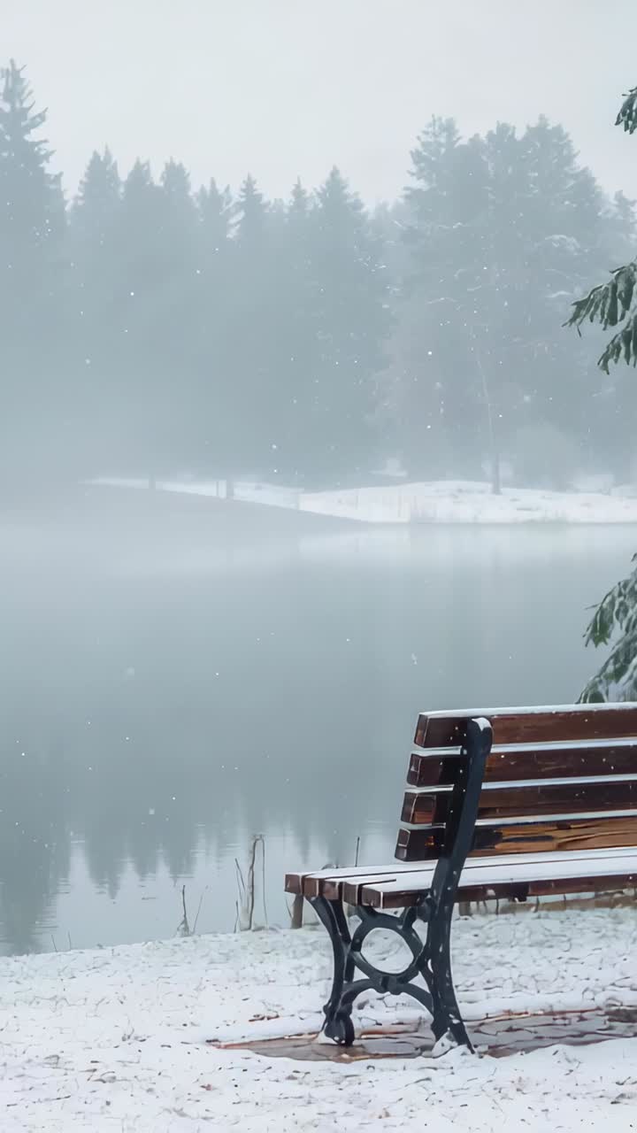 Vertical video: Light snowfall starting dusting wood bench with iron legs by misty lake
