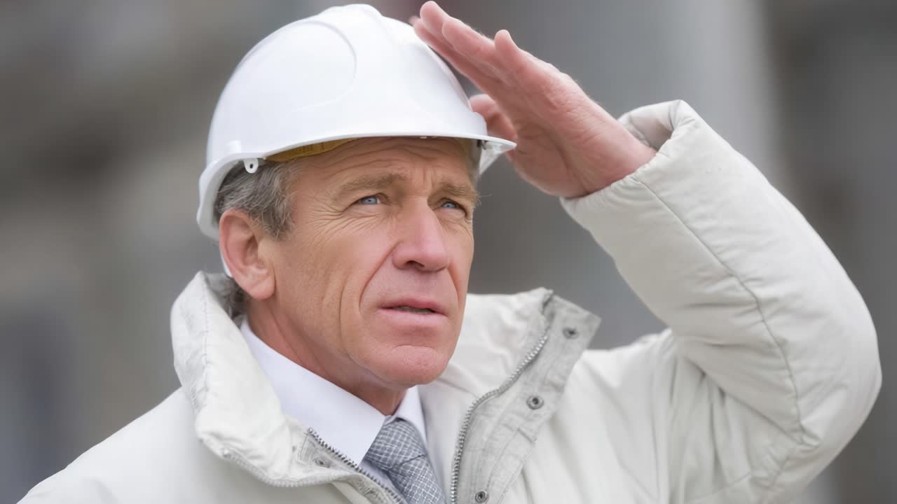 A Construction Supervisor Analyzing Progress: A Male Professional in a Hard Hat and White Jacket Watching Diligently in a Work Environment