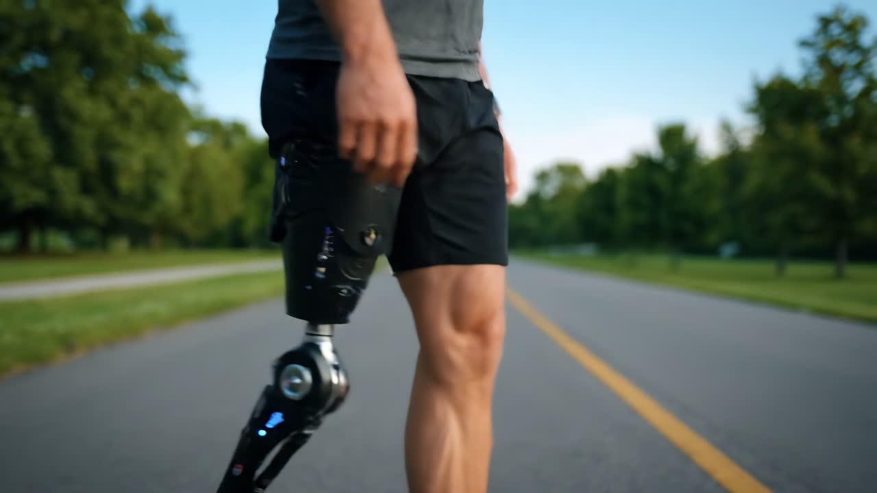 hombre con una pierna protésica haciendo ejercicio al aire libre
