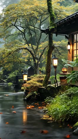 serene garden retreat by the tranquil lake during a rainy afternoon