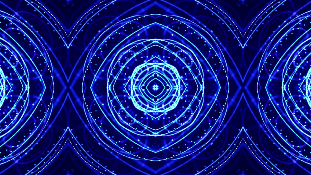 Abstract theme of microworld or nanotechnology. 4k looped sci-fi 3d background with light effects. Glow blue particles form lines, surfaces, complex symmetrical structures like in kaleidoscope.