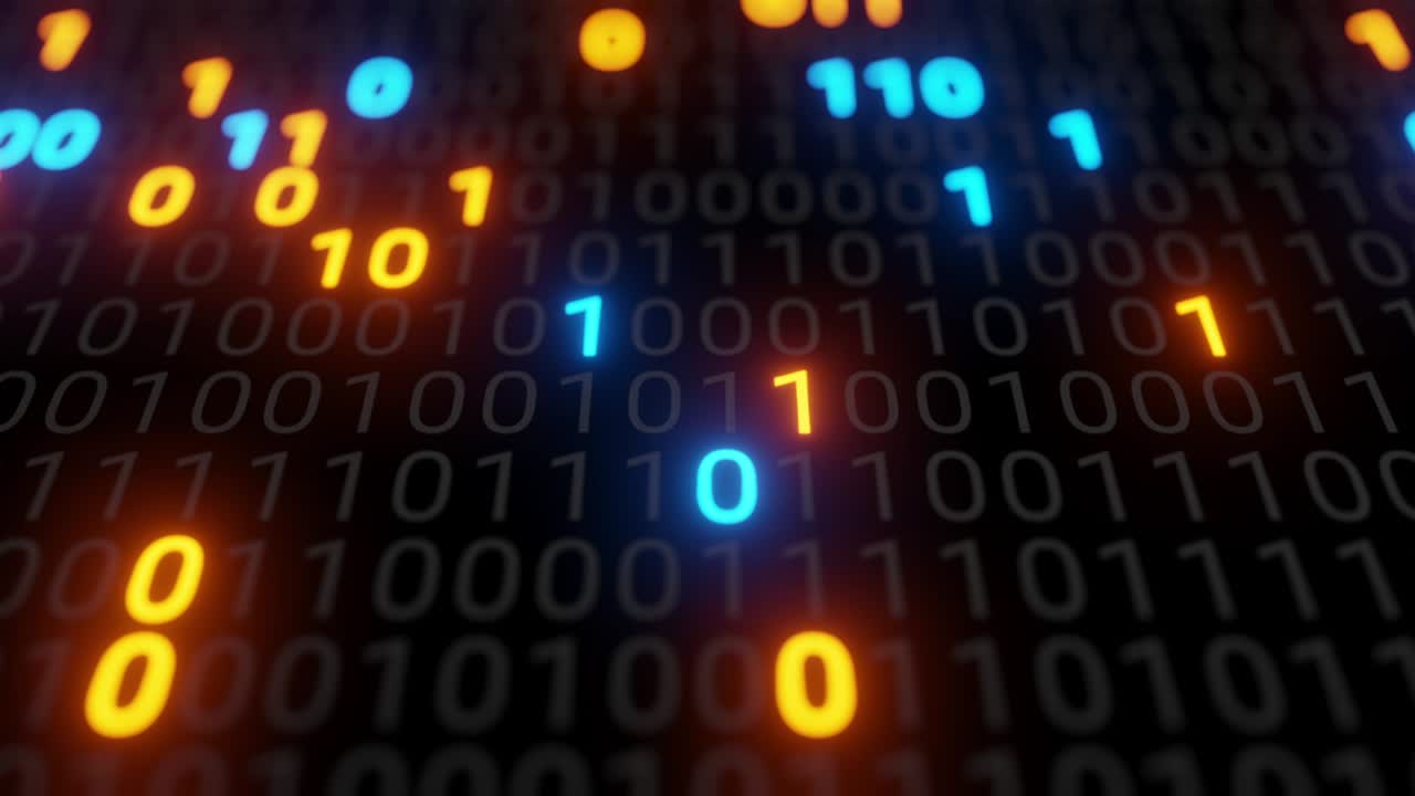 abstract naadloze blauwe en oranje digitale binaire code matrix achtergrond vj lus met flare.