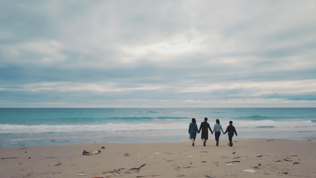 가족 이 해변 에서  ⁇ 고 있다