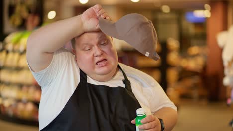 Tired-overweight-male-supermarket-worker-in-a-white-T-shirt-and-black-apron-drinks-water-from-a-green-bottle-and-wipes-sweat-from-his-forehead-during-a-break-during-a-hard-day-at-work