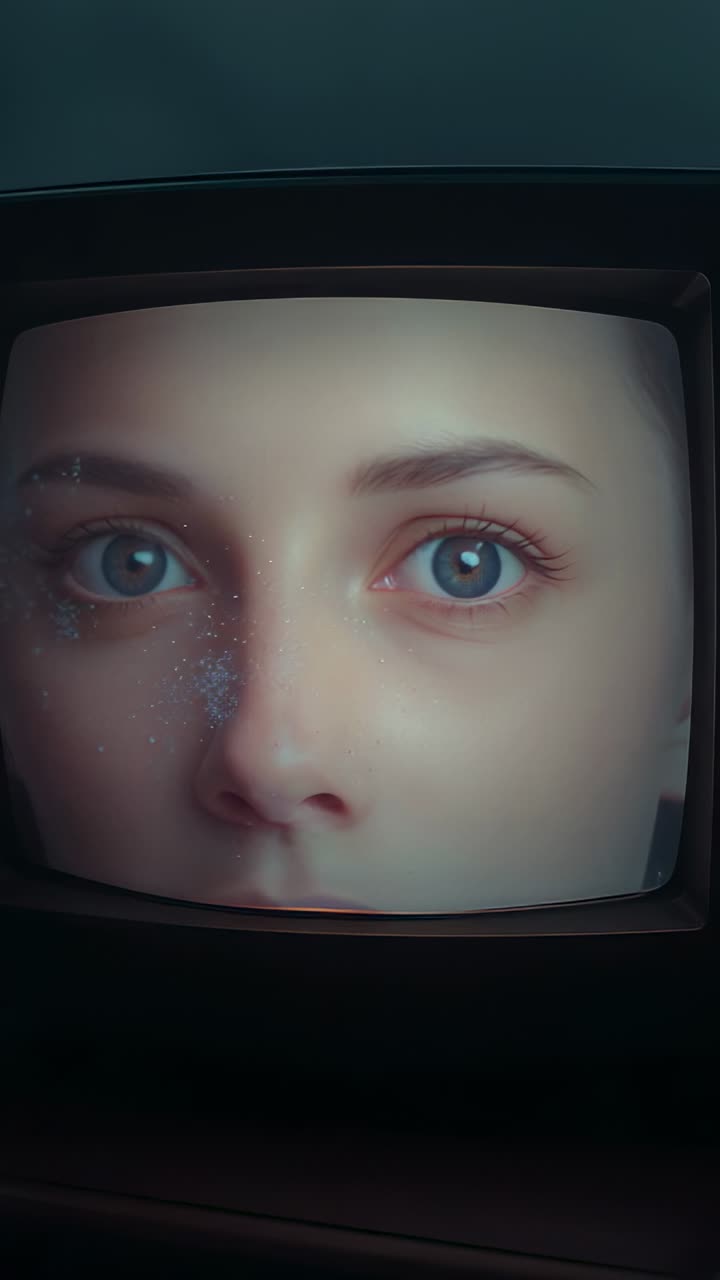 Vertical video: Powering on CRT monitor displaying pale woman blinking in darkroom, with flicker