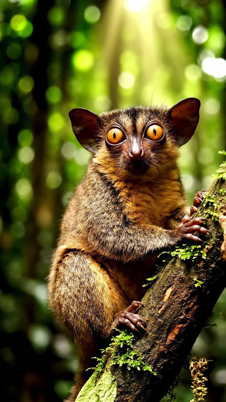 Gálago curioso con ojos grandes aferrado a una rama de árbol musgosa