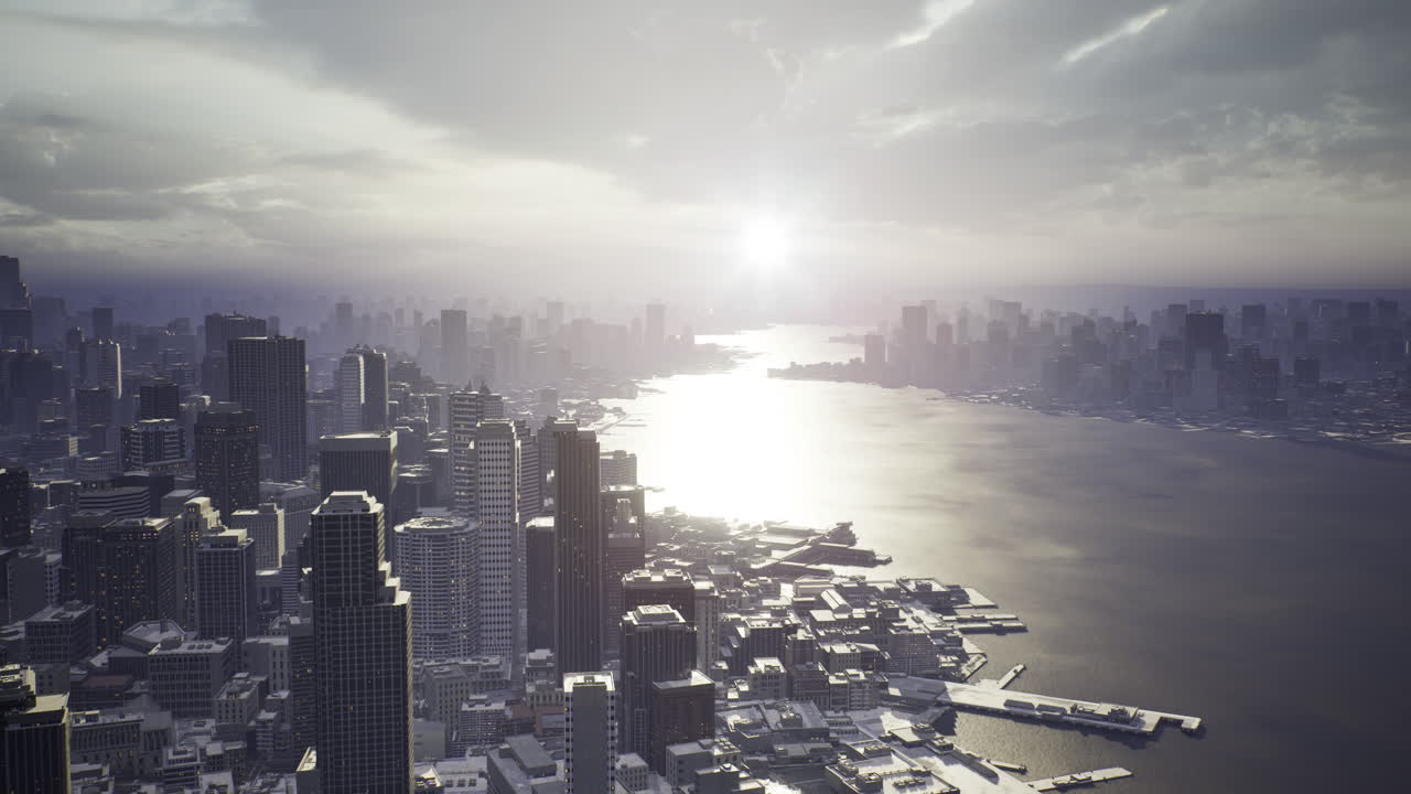 City skyline at sunrise with reflections on the water and dramatic clouds